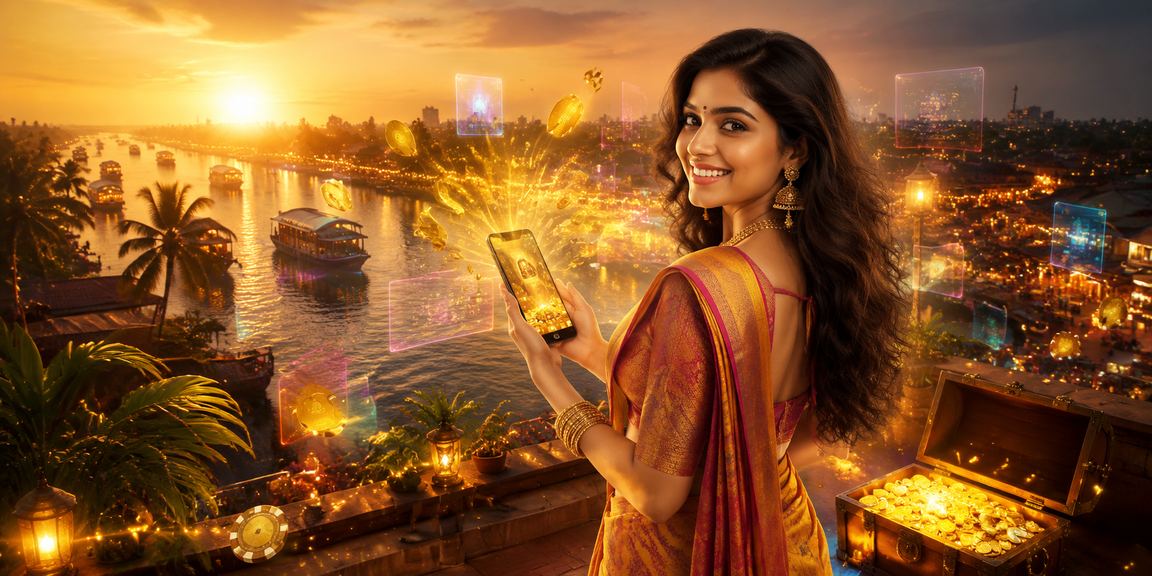 Casino app showing Teen Patti gameplay with Kerala backwaters background