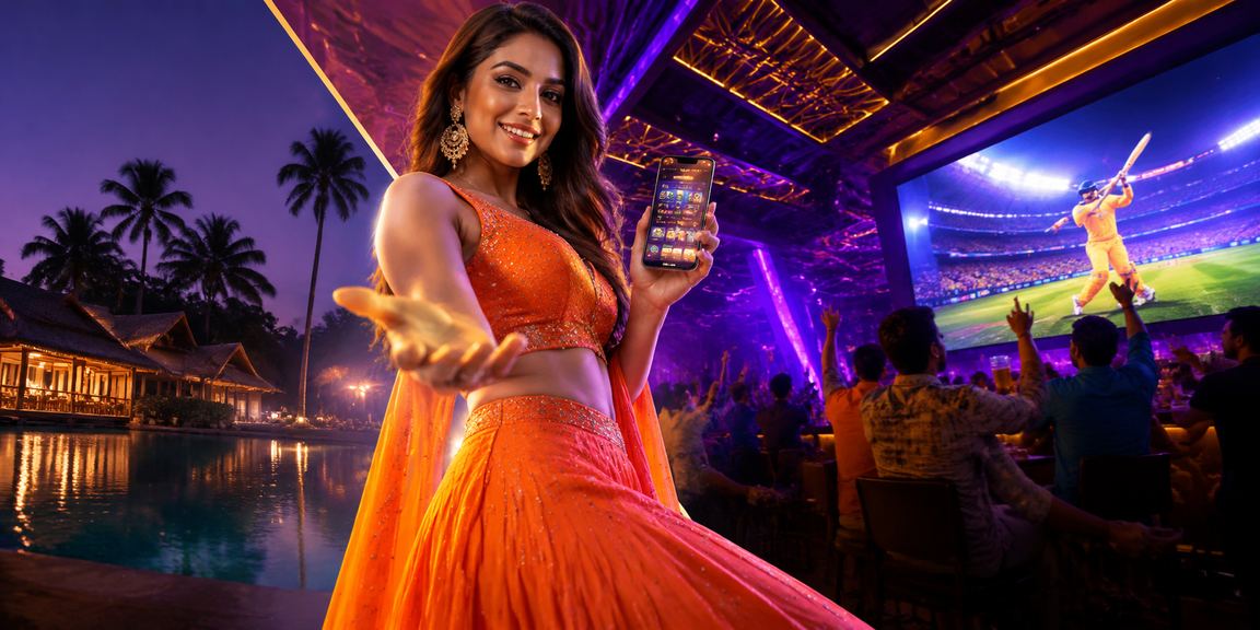 Night cricket match with neon betting app open on mobile
